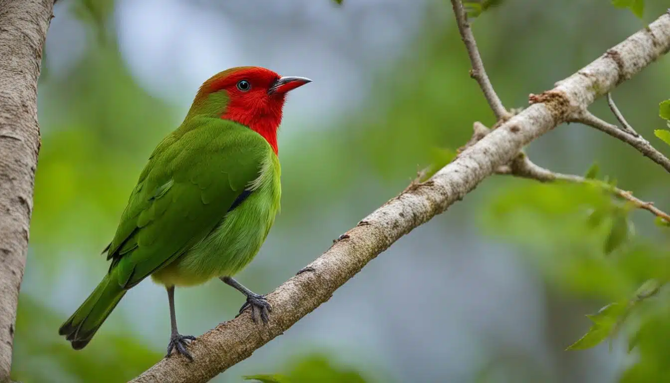grüner vogel mit rotem kopf